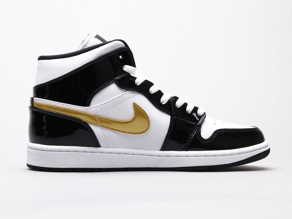 Air Jordan 1 Mid Patent Black White Gold