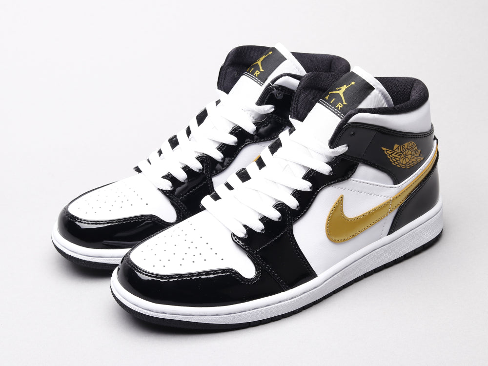Air Jordan 1 Mid Patent Black White Gold